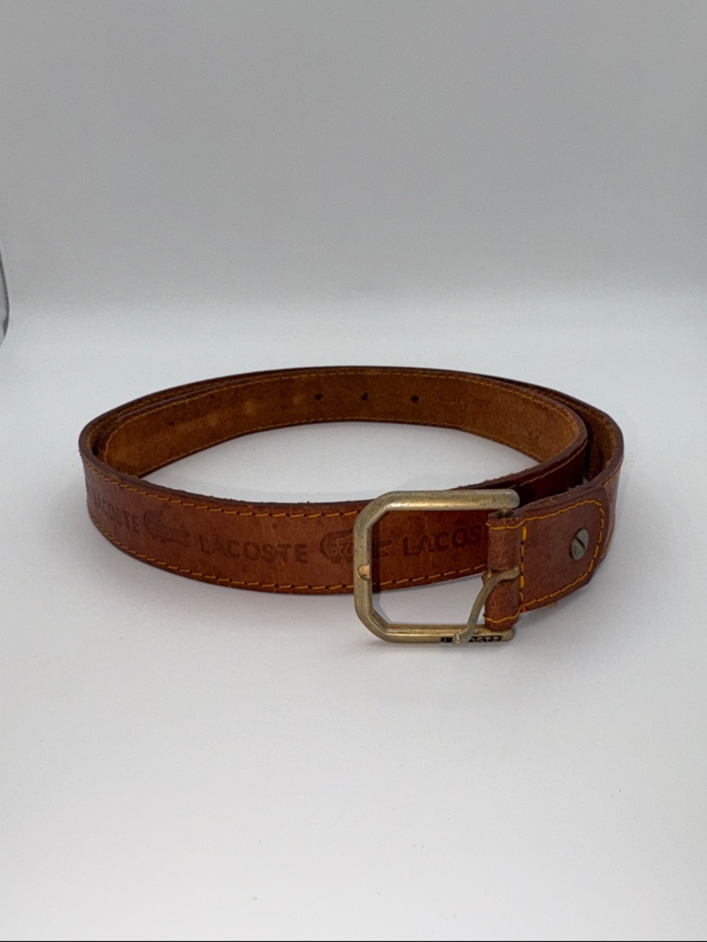 Lacoste Brown Leather Logo Etched Belt w/ Gold Tone Buckle – 37.75"